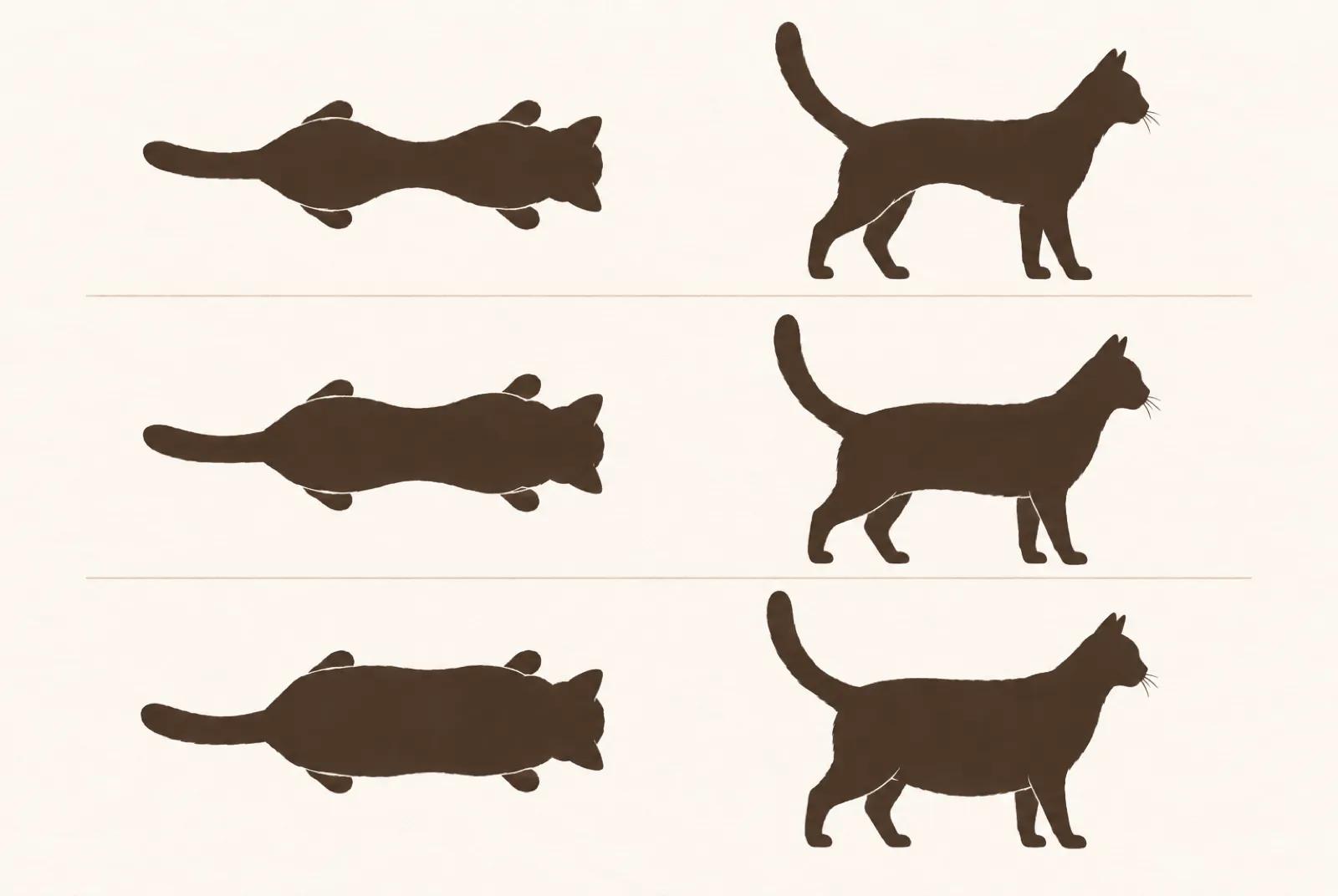 Top and side silhouettes of a cat in three rows, from lean to rounder, showing waist and belly differences.