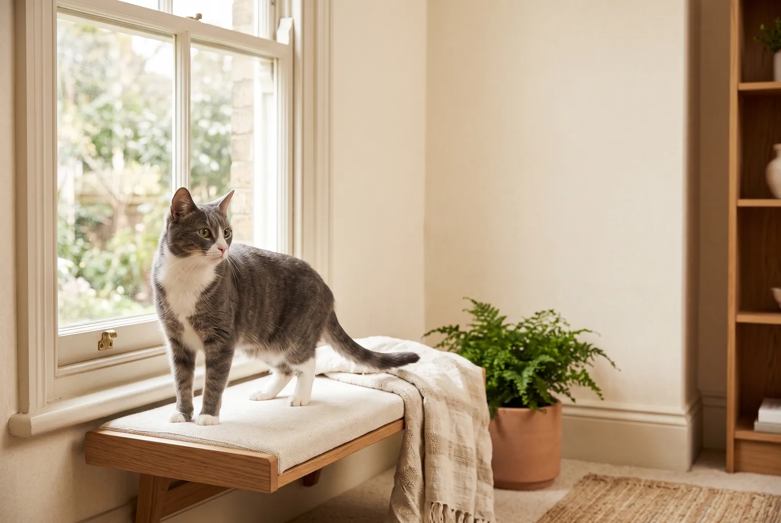 Gray-and-white cat standing on a low perch beside a window, with ears and tail visible.