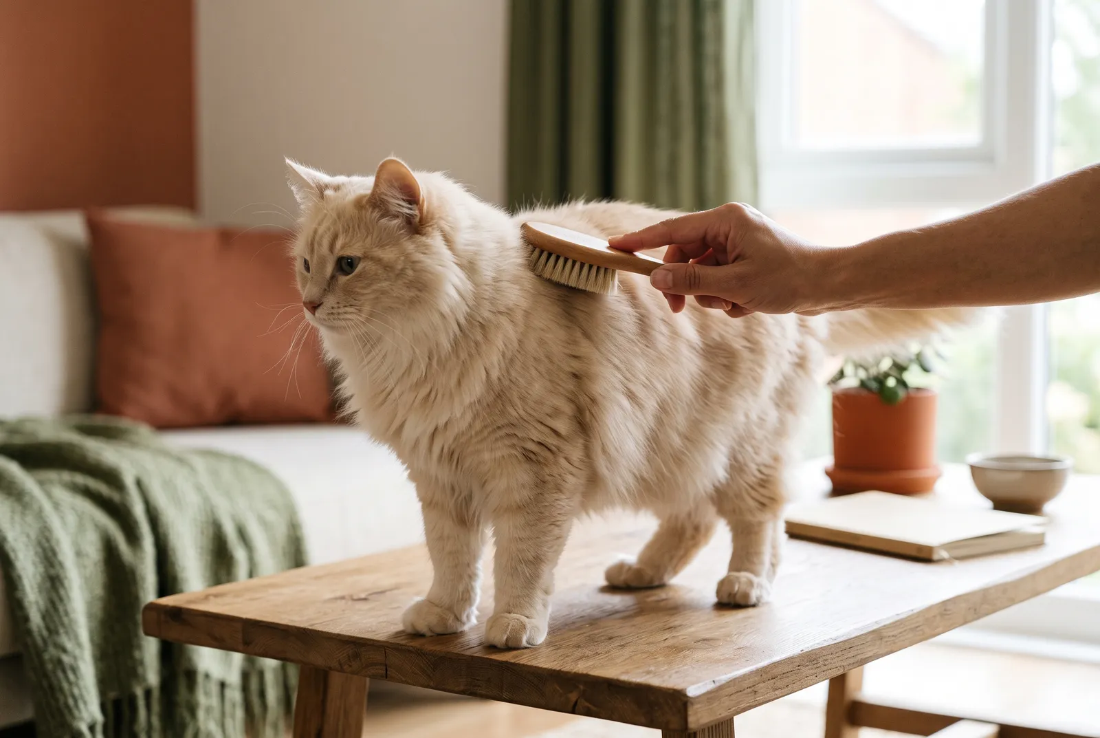 A person gently brushing the back of a cream long-haired cat standing on a table.