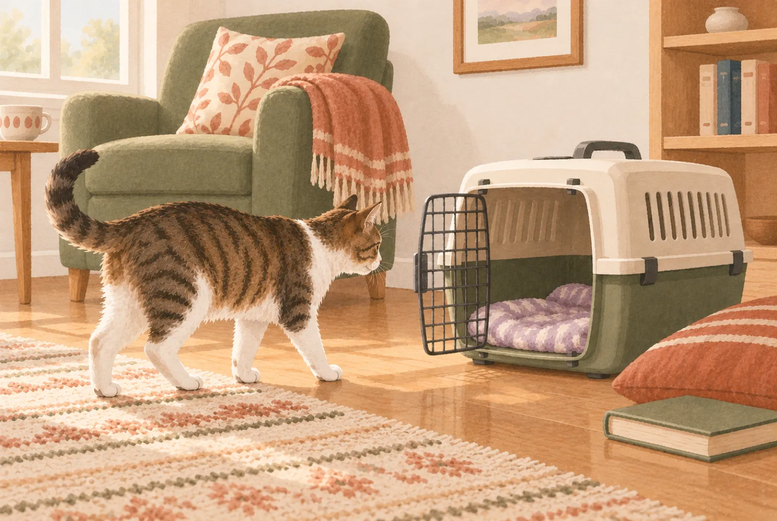An open carrier with soft bedding sitting in a living room corner, a cat walking toward it.