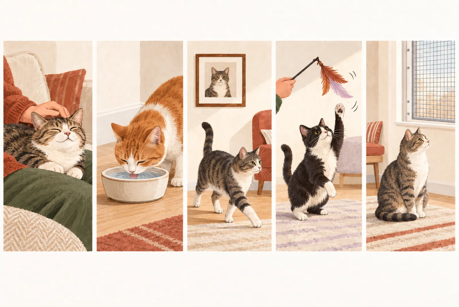 Five illustrated scenes: lap rest, water, a portrait beside a walking cat, supervised wand play, and a screened window.