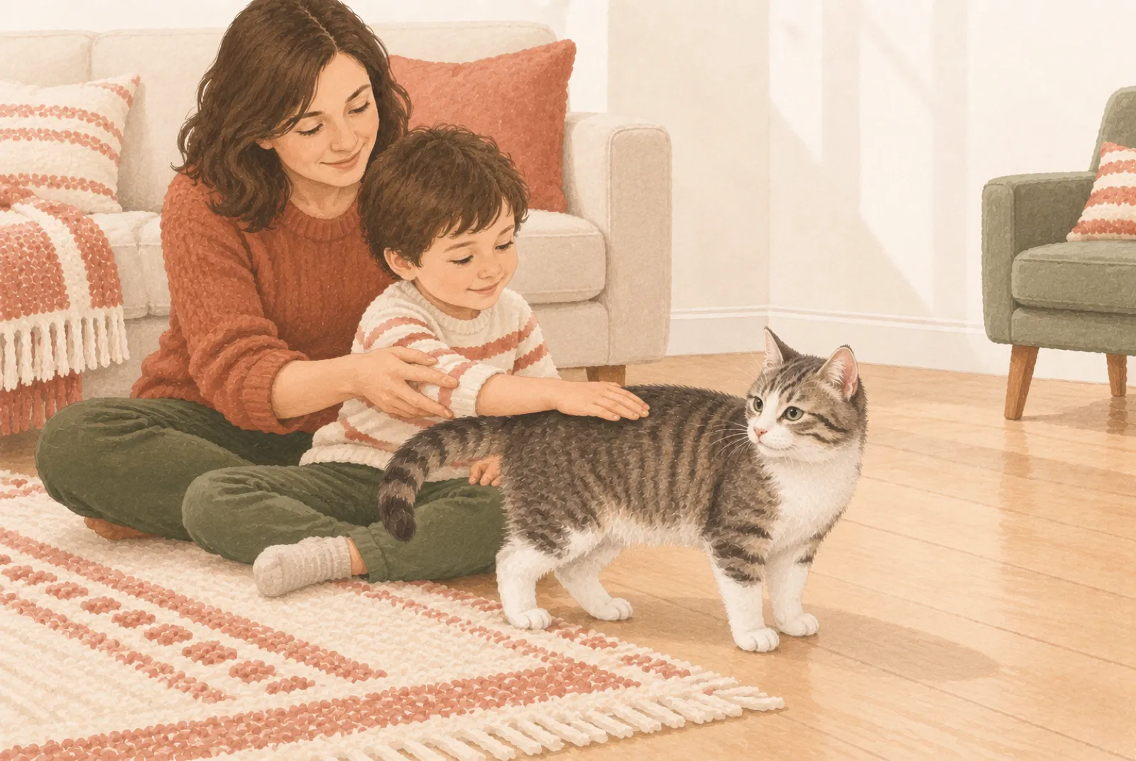 A child stroking a cat along its back with a parent's hand guiding, the cat standing loosely with space to walk away.