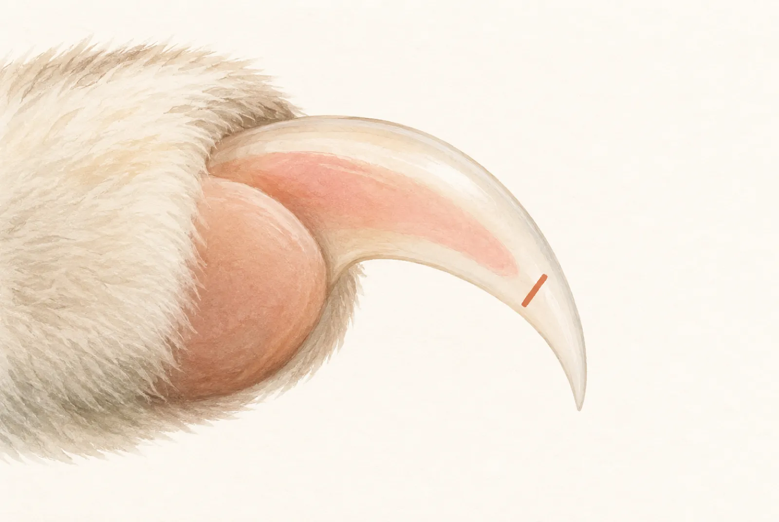 Side view of a cat’s claw showing the pale pink quick inside, with a trim point marked just past it at the hooked tip.