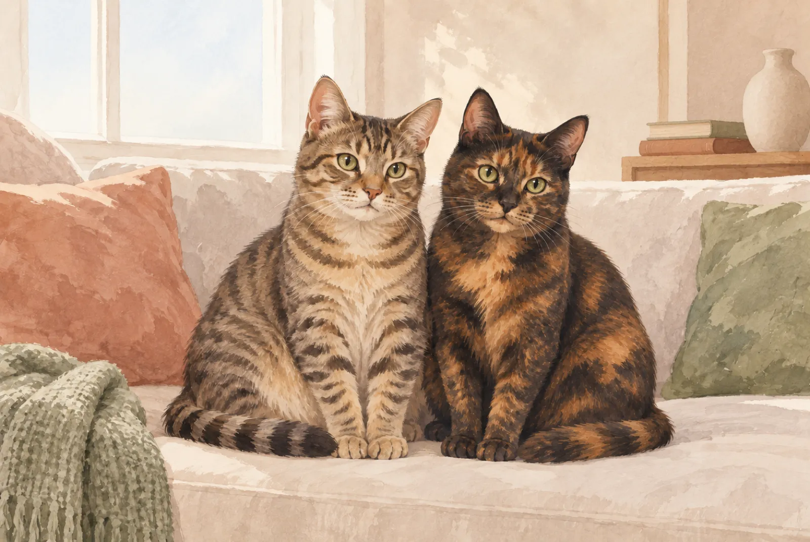 A brown mackerel tabby cat and a tortoiseshell cat sitting side by side on a sofa in window light.