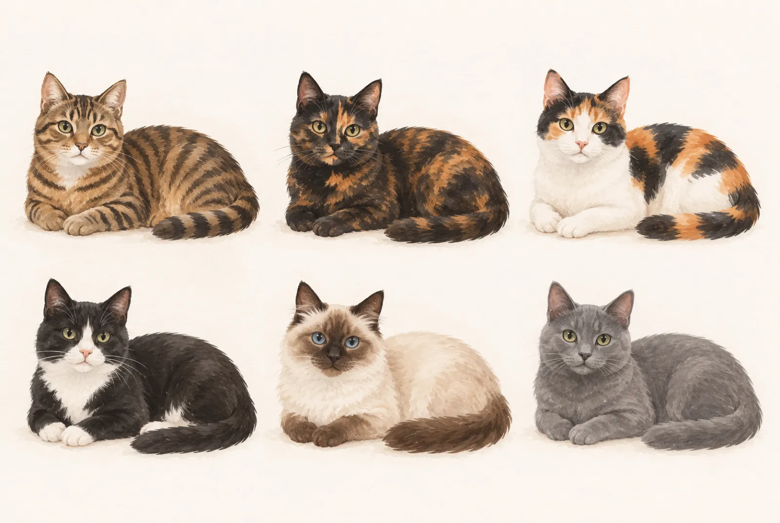 Six painted swatches showing tabby, tortoiseshell, calico, tuxedo, colourpoint and dilute coat families.