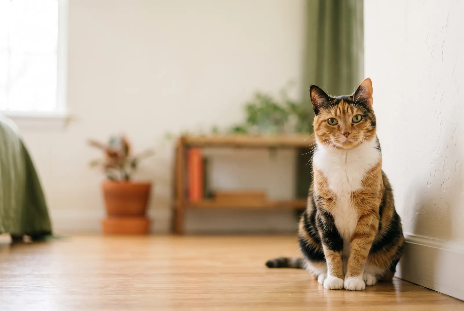 Calico-and-white cat sitting beside a cream wall in daylight.