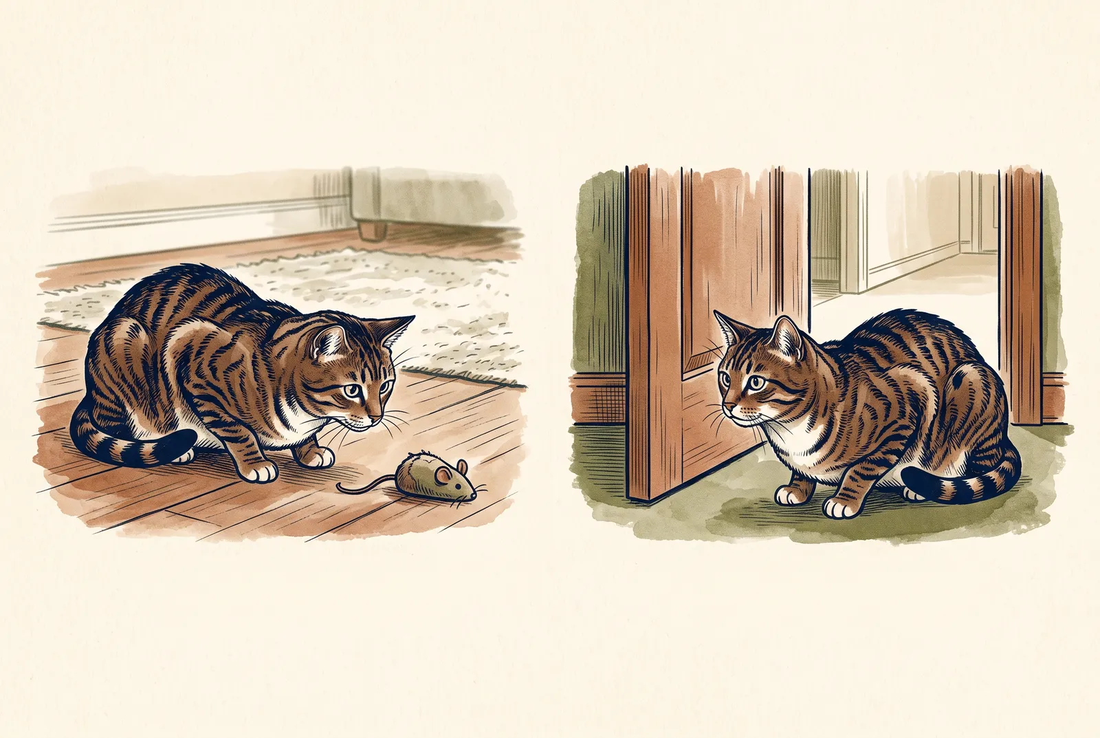 Two illustrations of a tabby cat crouching, one near a fabric toy and one beside an open door.