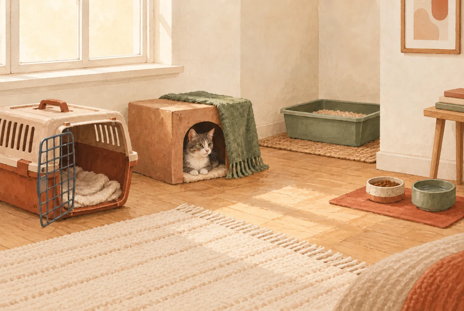 A quiet room with an open carrier, a litter tray, separate food and water bowls, a covered hiding spot, and a small cat peeking out calmly.