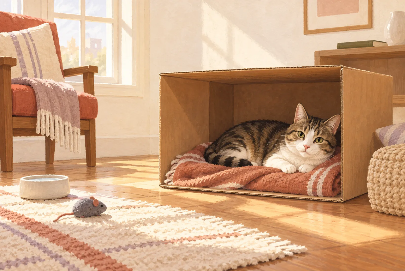 Illustration of a cat resting in an open, blanket-lined cardboard box, with a water bowl and toy nearby.