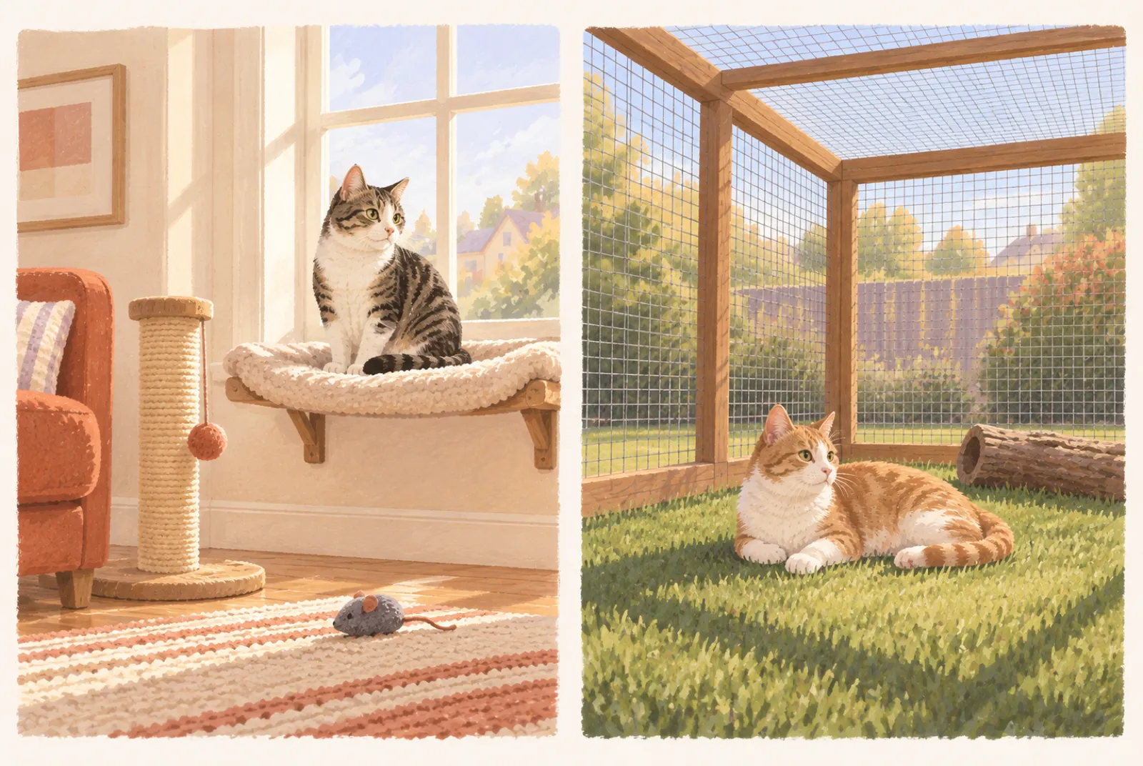 Left panel shows a cat on an indoor perch beside a window; right panel shows a cat in an enclosed garden pen.
