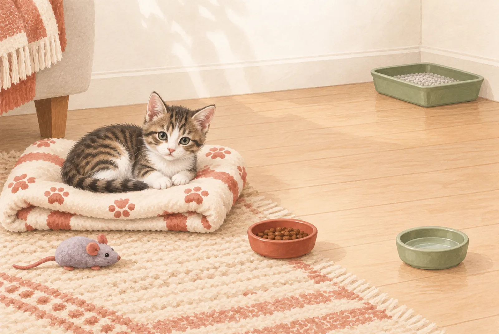 A small kitten curled beside a low-sided litter tray and shallow food and water bowls.
