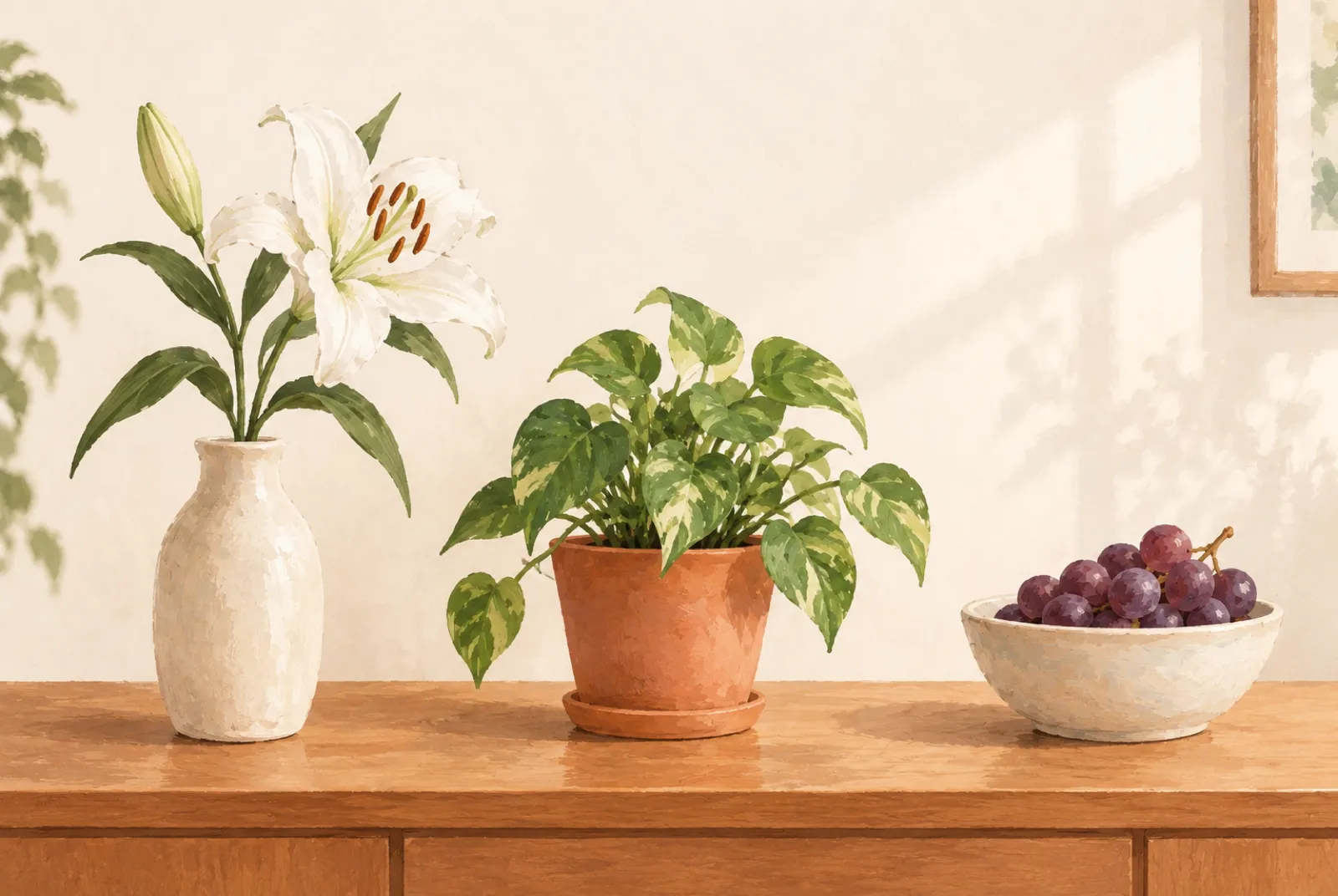 A lily in a vase, a leafy houseplant, and a bowl of grapes arranged separately on a shelf.