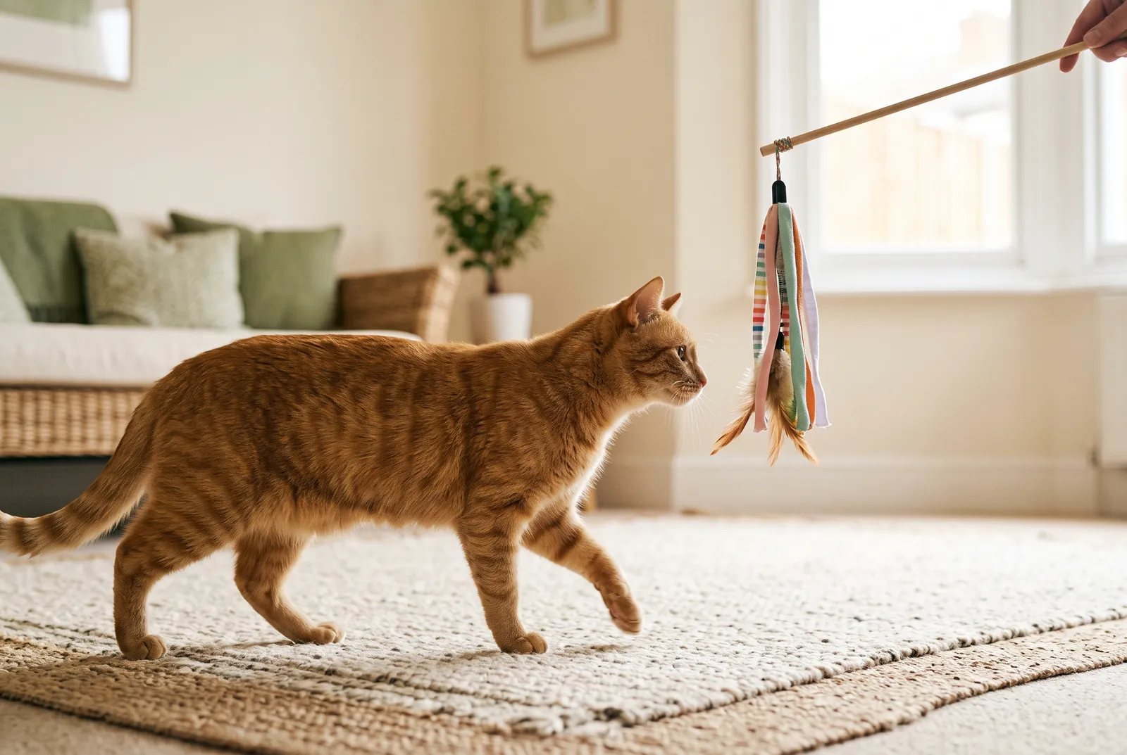 Ginger cat stepping toward a fabric lure on a wand held by a person.