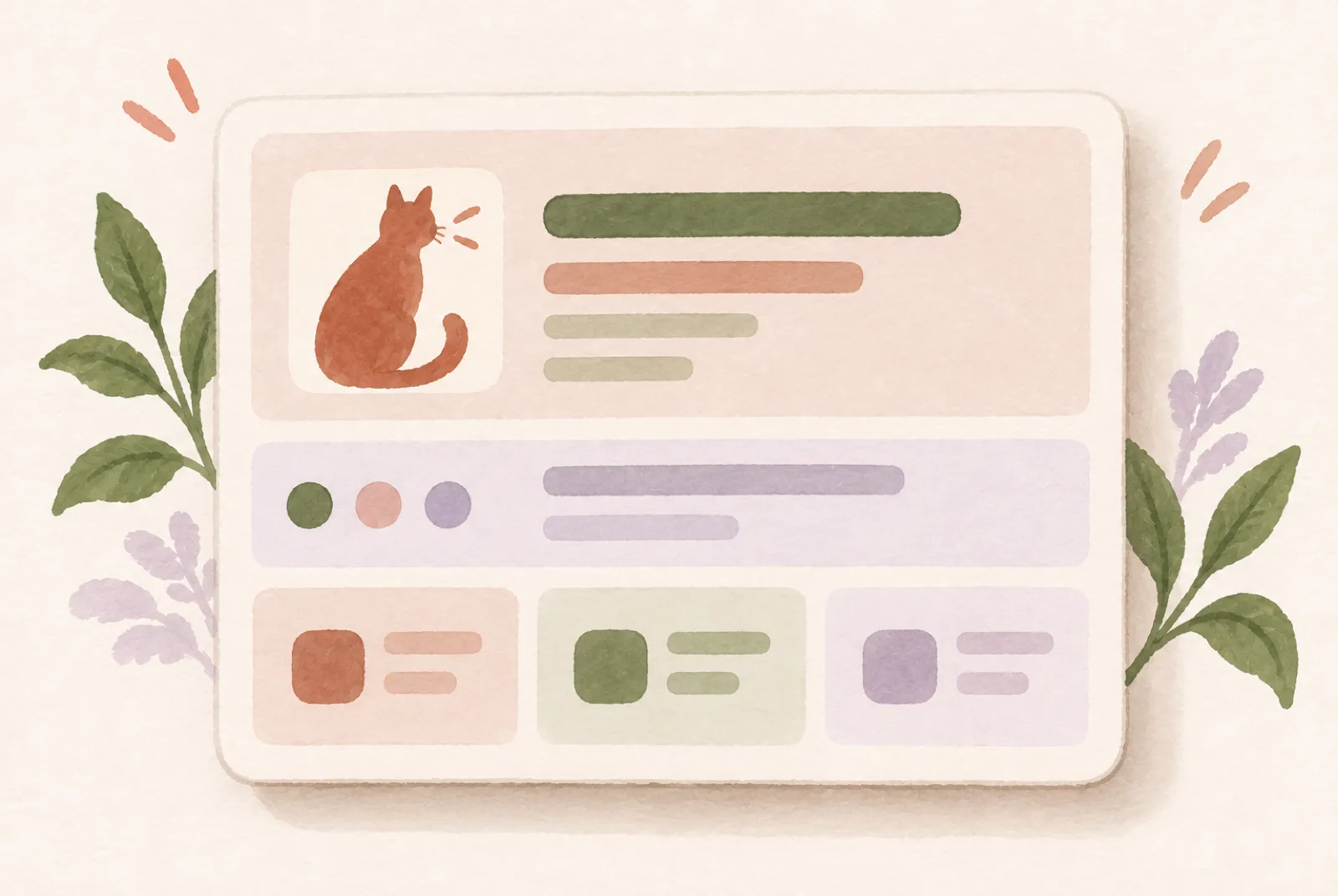 Illustrated result card with a cat silhouette, three stacked sections, and three small panels in the bottom section.