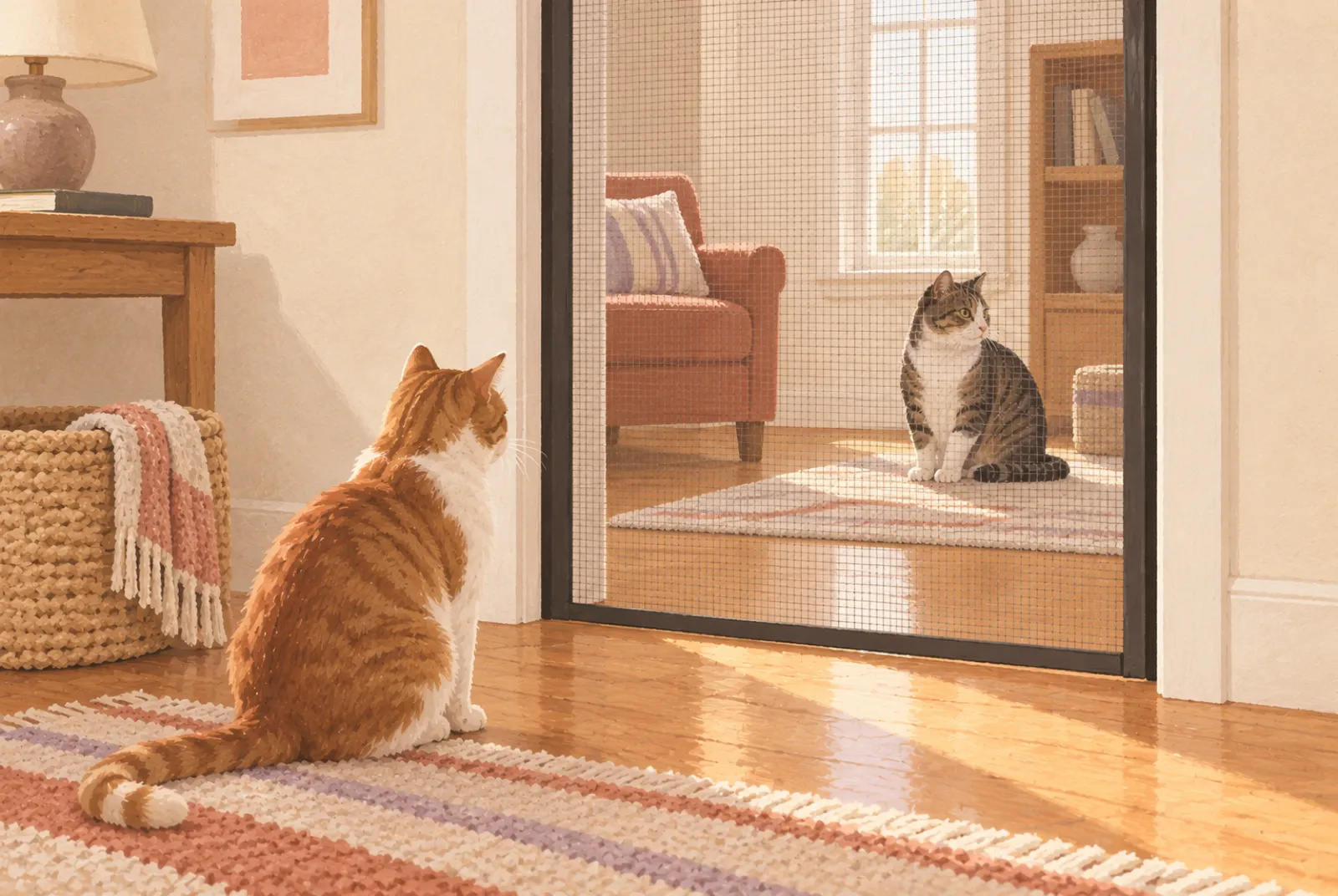 Illustration of two cats sitting apart on opposite sides of a full-height mesh screen across an interior doorway.