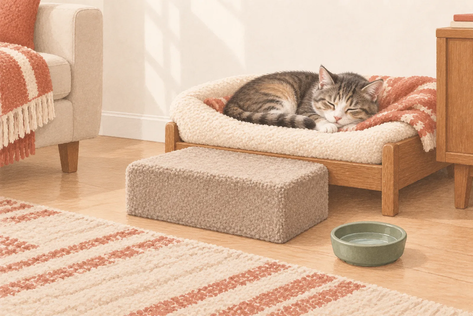 An older cat resting on a low padded perch reached by a short carpeted step.