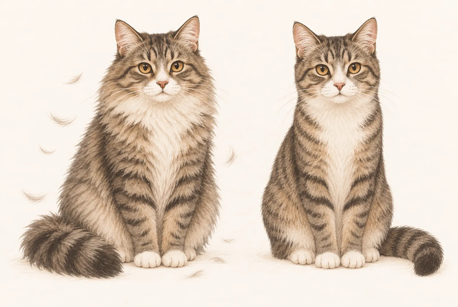 The same cat shown twice: once with a thicker winter coat and once with a sleeker summer coat.