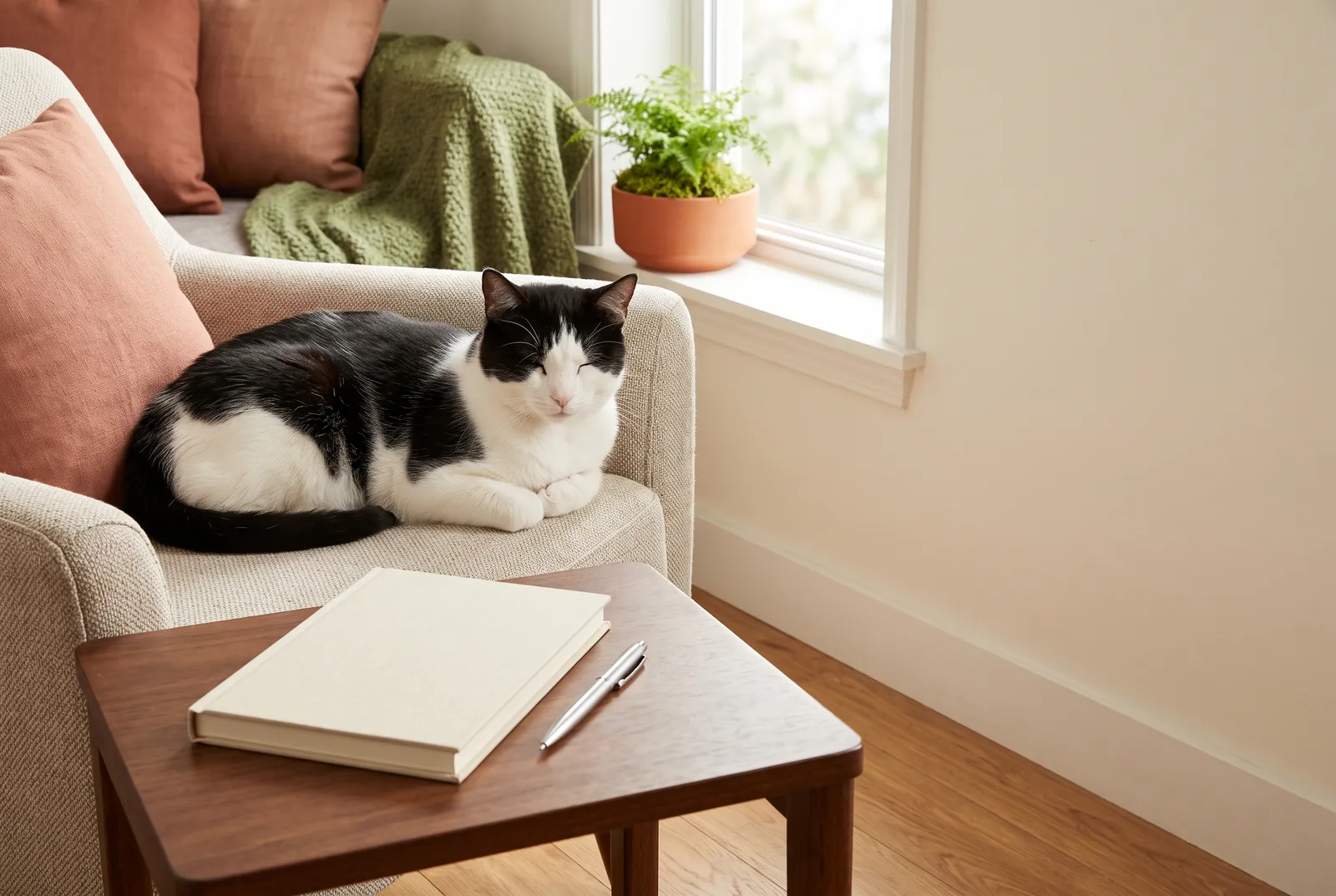 Black-and-white cat resting on a chair beside a closed notebook and pen.