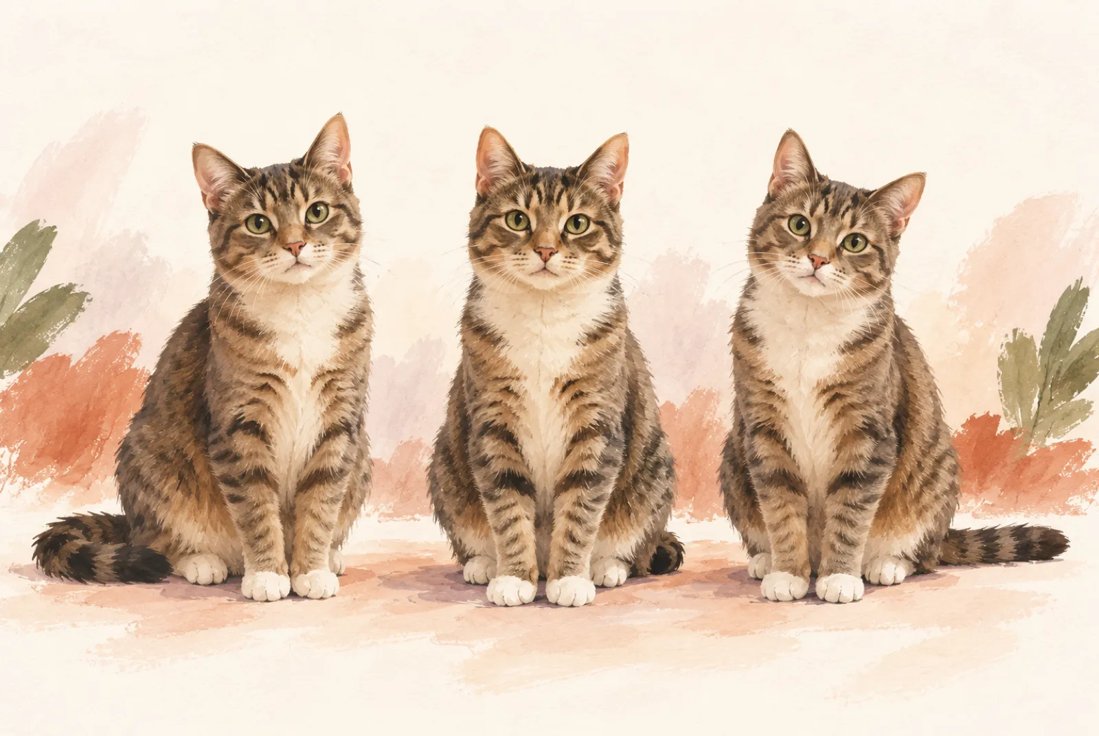 Three similar brown tabby cats sitting in a row, nearly identical at a glance.